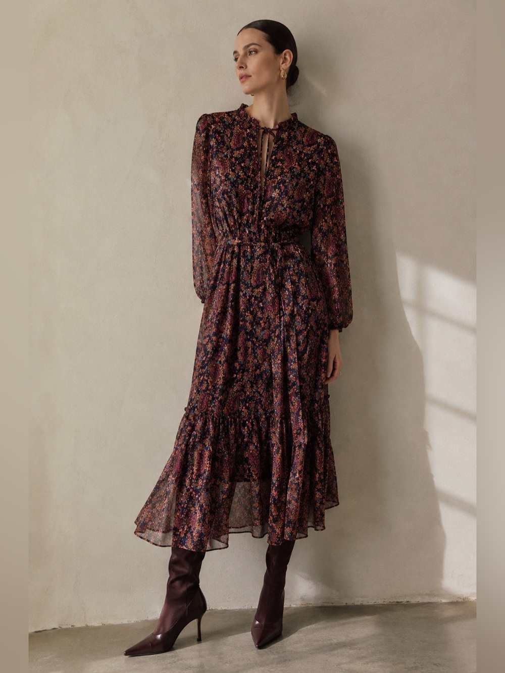 Autres Filles Vintage Paisley Boho Midi Dress XS Floral Long Sleeve